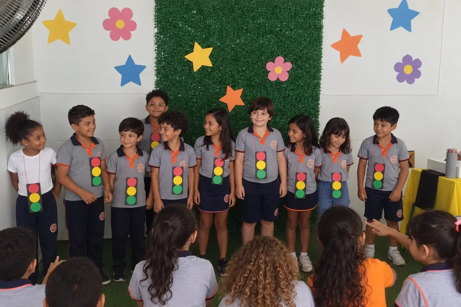 Turma com a farda cinza da escola apresenta o projeto do Dia do Trânsito, com semáforos de papel