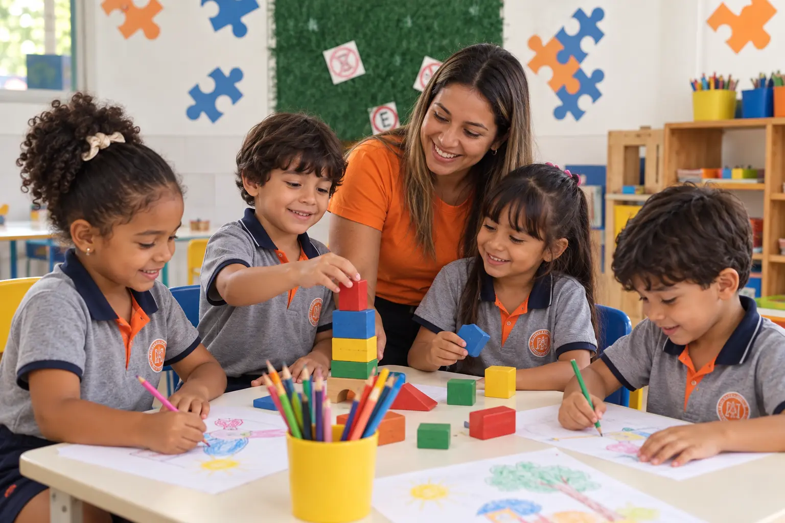 Crianças com a farda da escola desenham e montam blocos coloridos com a professora