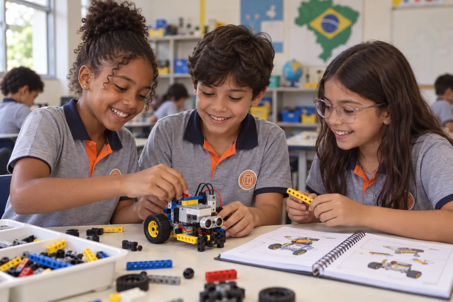 Três alunos com a farda da escola montam um robô com rodas na aula de robótica